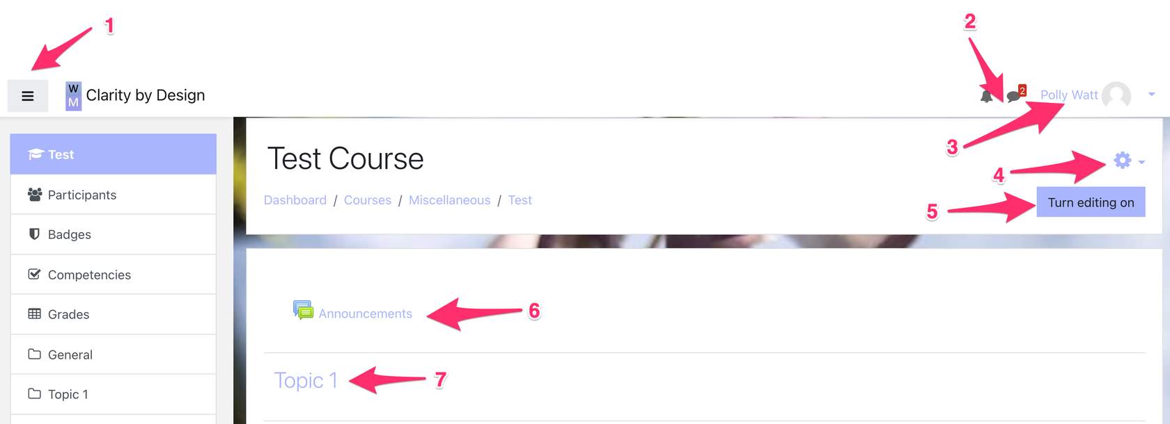 Numbered arrows pointing to different course settings