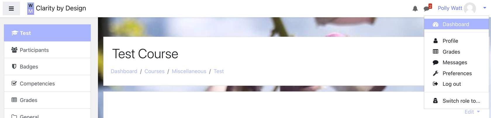 Dashboard dropdown menu