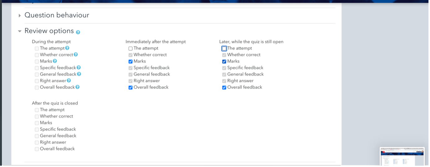 Review Options: Test settings